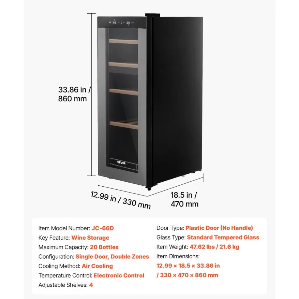 VEVOR 20 Bottle Wine Fridge, Freestanding Wine Cooler Refrigerator, Dual Zone Cooler, 41℉ to 65℉ Adjustable Temp Mini Cellar, Glass Door, For Home Office Bar, Red White Champagne or Sparkling Wines