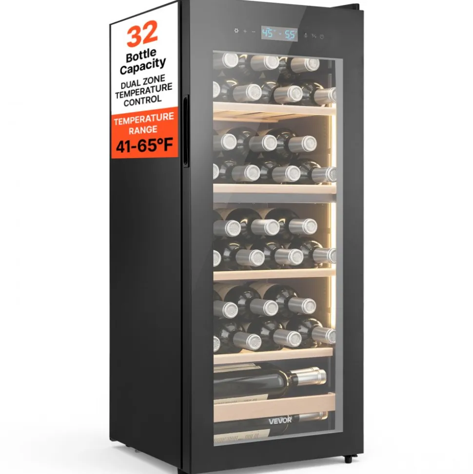 VEVOR 32 Bottle Wine Fridge, Freestanding Wine Cooler Refrigerator, Dual Zone Cooler, 41℉ to 65℉ Adjustable Temp Mini Cellar, Glass Door, For Home Office Bar, Red White Champagne or Sparkling Wines