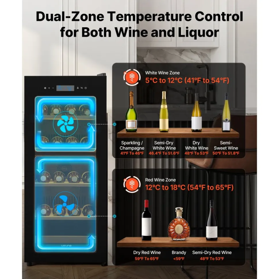 VEVOR 32 Bottle Wine Fridge, Freestanding Wine Cooler Refrigerator, Dual Zone Cooler, 41℉ to 65℉ Adjustable Temp Mini Cellar, Glass Door, For Home Office Bar, Red White Champagne or Sparkling Wines