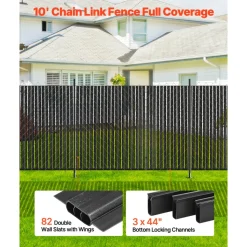 VEVOR Bottom Locking Privacy Slats, Double-Wall Vertical Bottom-Locking Slats with Wings for Chain-Link Fence, High-Density HDPE Chain Link Slats Ideally Fit 6' High Fence for Garden and Farm(Black)