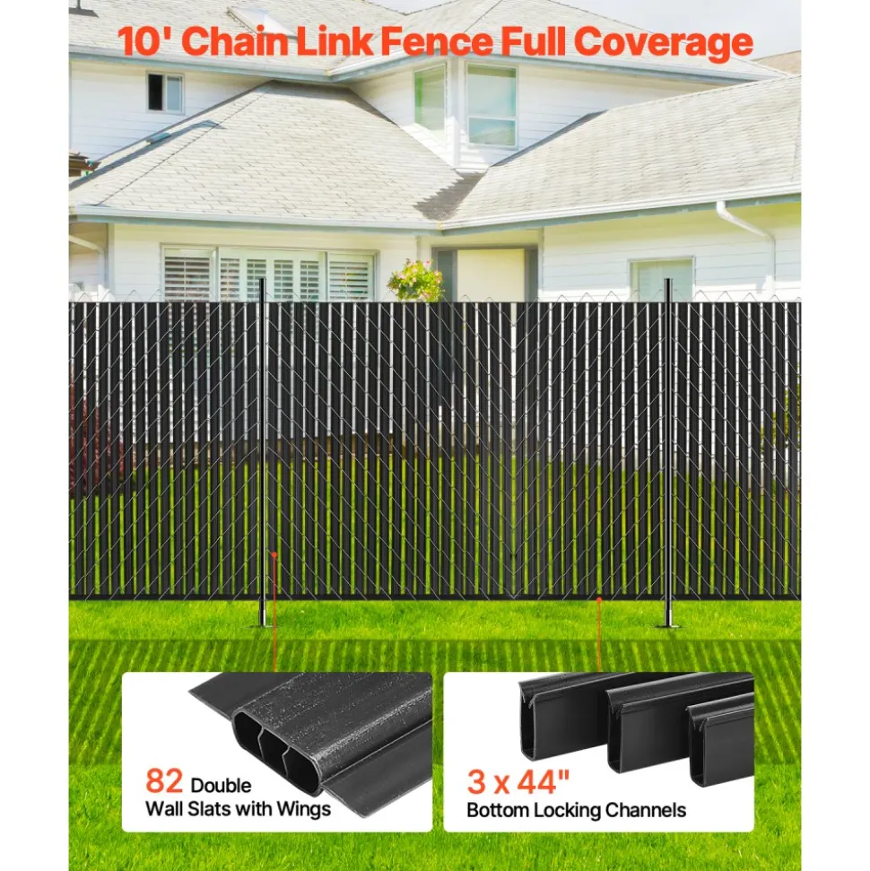 VEVOR Bottom Locking Privacy Slats, Double-Wall Vertical Bottom-Locking Slats with Wings for Chain-Link Fence, High-Density HDPE Chain Link Slats Ideally Fit 6' High Fence for Garden and Farm(Black)