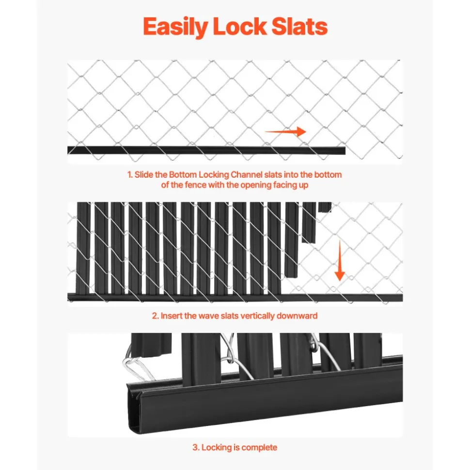 VEVOR Bottom Locking Privacy Slats, Double-Wall Vertical Bottom-Locking Slats with Wings for Chain-Link Fence, High-Density HDPE Chain Link Slats Ideally Fit 6' High Fence for Garden and Farm(Black)