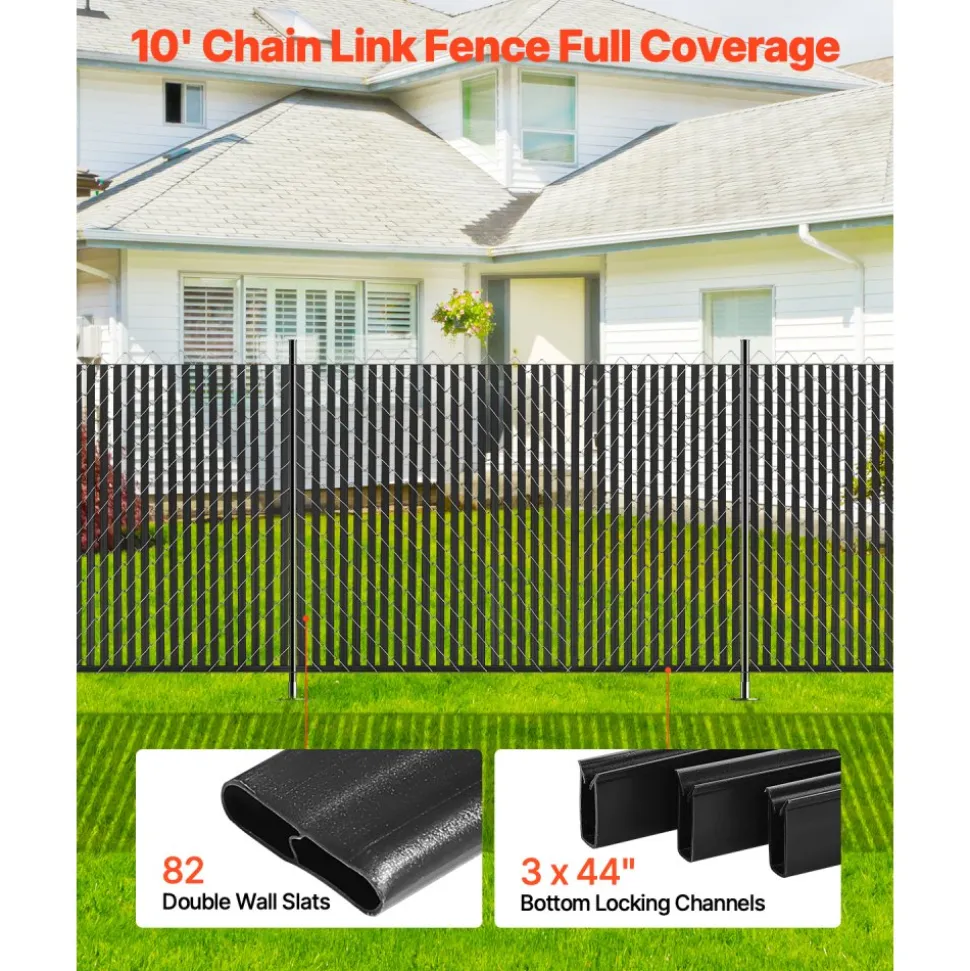 VEVOR Bottom Locking Privacy Slats, Double-Wall Vertical Bottom-Locking Slats for Chain-Link Fence, High-Density HDPE Chain Link Slats Ideally Fit 6' High Fence for Garden, Farm, Sports Field(Black)