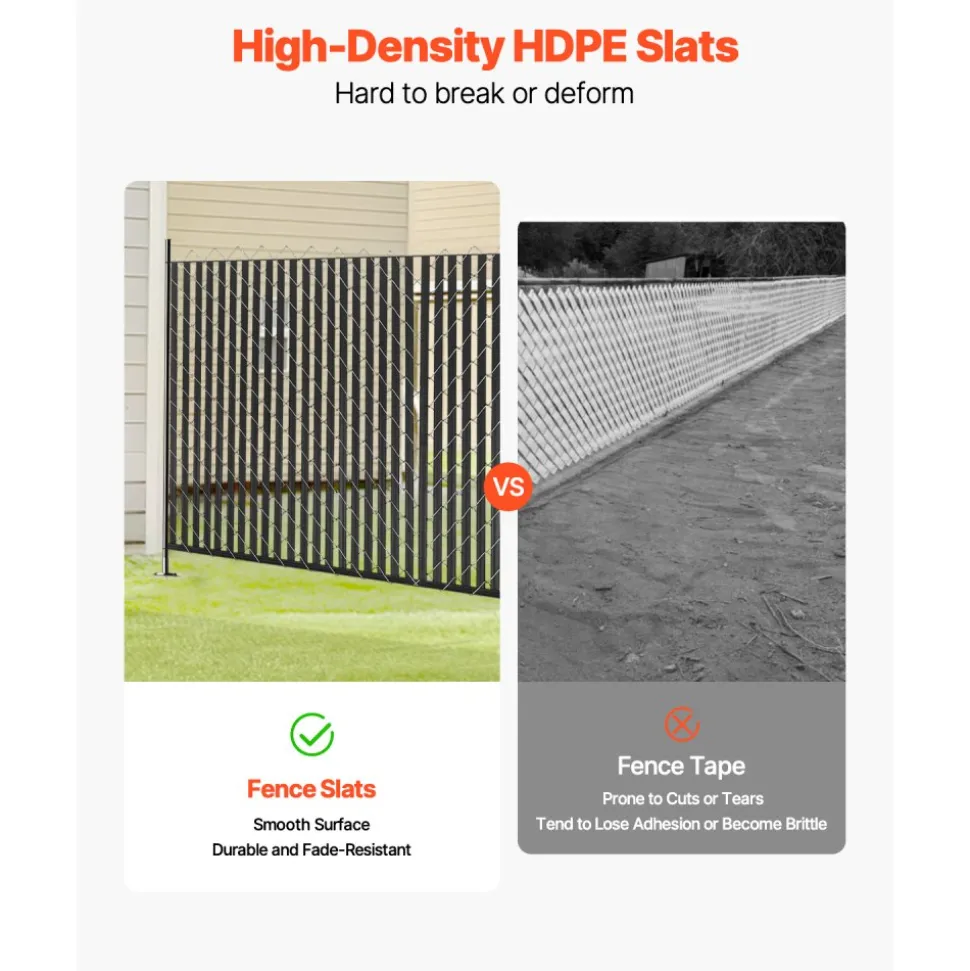 VEVOR Bottom Locking Privacy Slats, Double-Wall Vertical Bottom-Locking Slats for Chain-Link Fence, High-Density HDPE Chain Link Slats Ideally Fit 6' High Fence for Garden, Farm, Sports Field(Black)