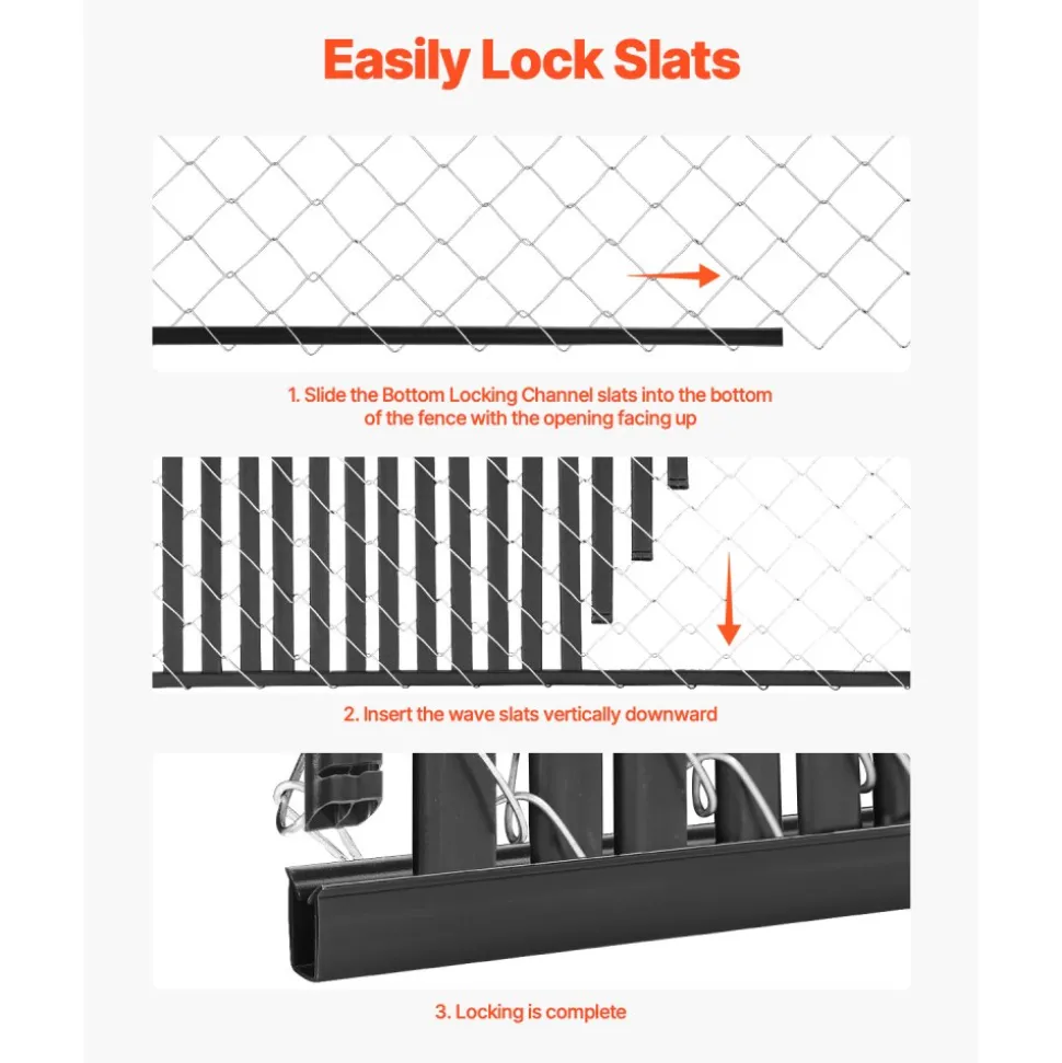 VEVOR Bottom Locking Privacy Slats, Double-Wall Vertical Bottom-Locking Slats for Chain-Link Fence, High-Density HDPE Chain Link Slats Ideally Fit 6' High Fence for Garden, Farm, Sports Field(Black)