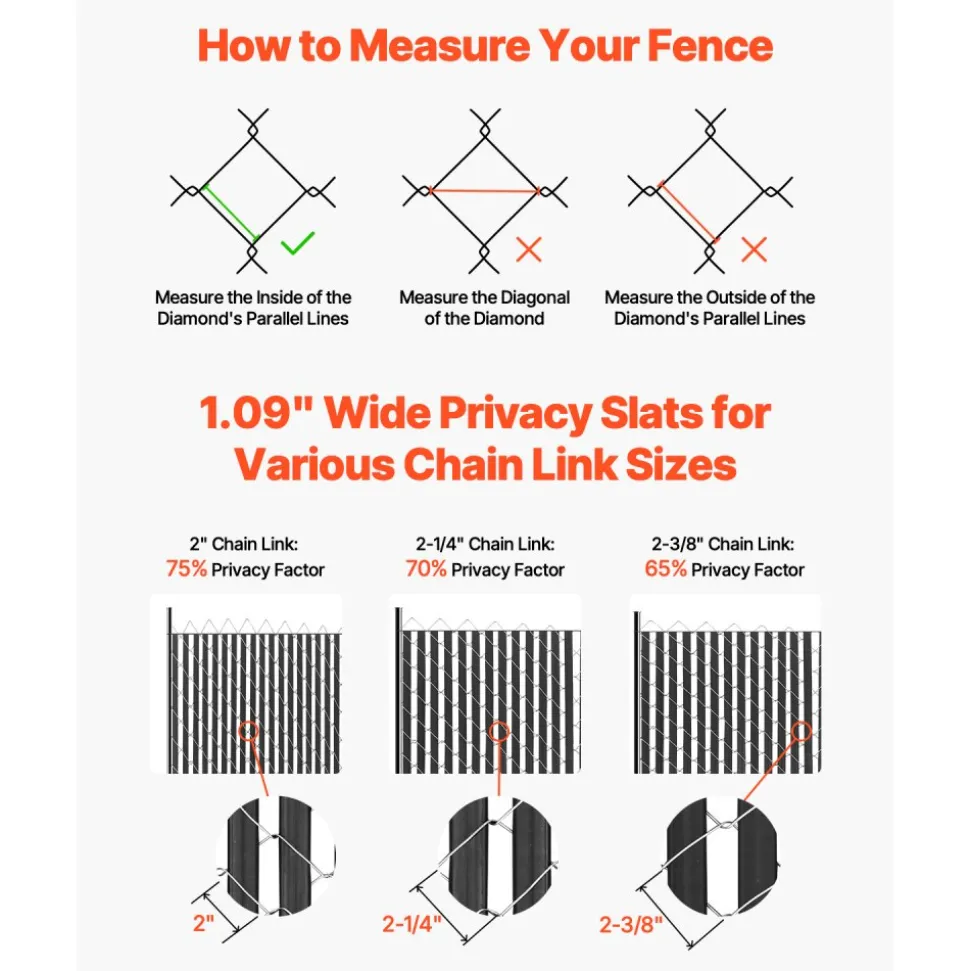 VEVOR Bottom Locking Privacy Slats, Double-Wall Vertical Bottom-Locking Slats for Chain-Link Fence, High-Density HDPE Chain Link Slats Ideally Fit 6' High Fence for Garden, Farm, Sports Field(Black)
