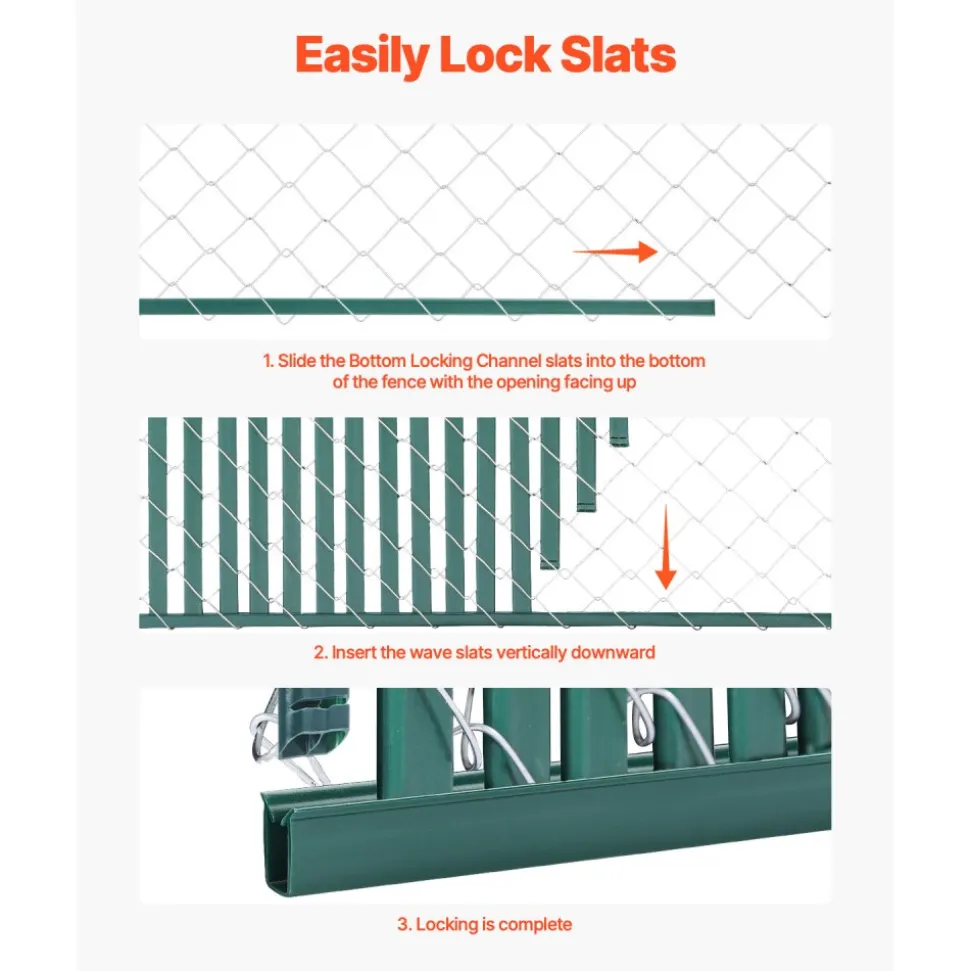VEVOR Bottom Locking Privacy Slats, Double-Wall Vertical Bottom-Locking Slats with Wings for Chain-Link Fence, High-Density HDPE Chain Link Slats Ideally Fit 8' High Fence for Garden and Farm(Black)