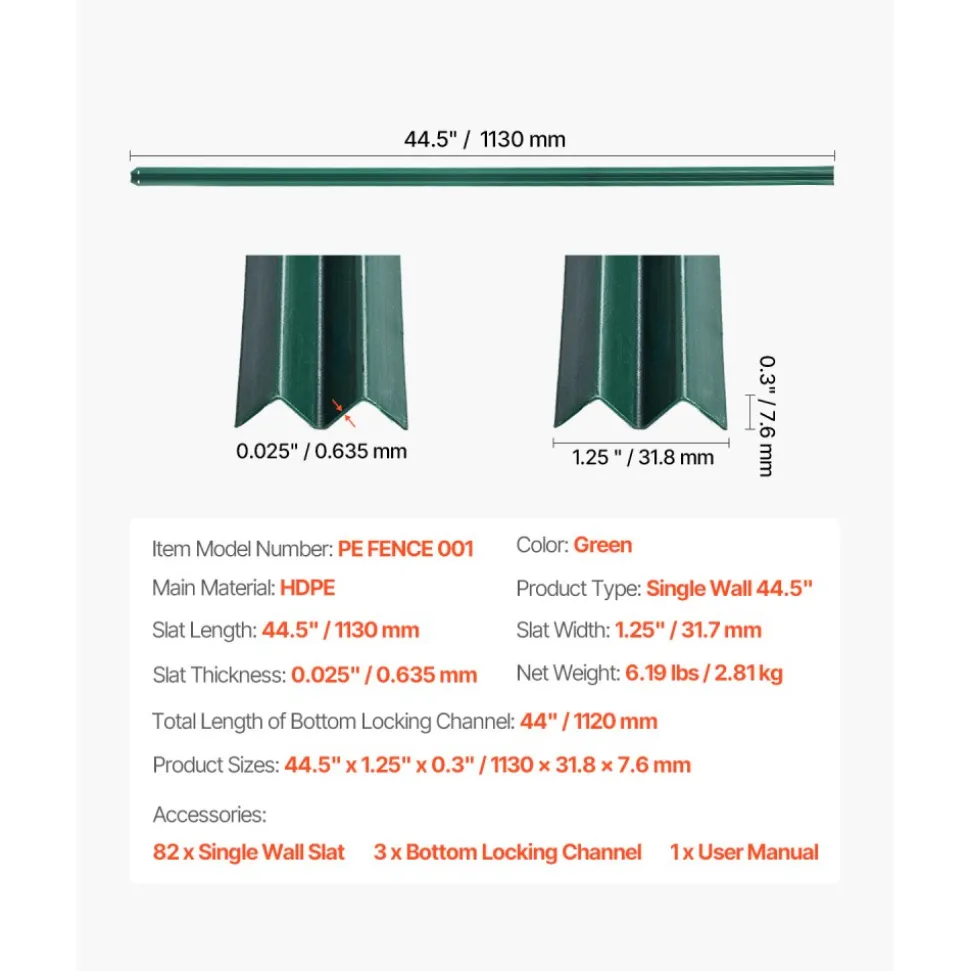 VEVOR Bottom Locking Privacy Slats, Double-Wall Vertical Bottom-Locking Slats with Wings for Chain-Link Fence, High-Density HDPE Chain Link Slats Ideally Fit 4' High Fence for Garden and Farm(Green)