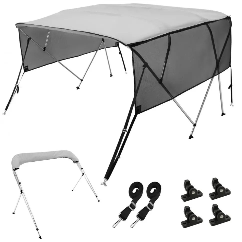 VEVOR 4 Bow Bimini Top Boat Cover, Detachable Mesh Sidewalls, 600D Polyester Canopy with 1" Aluminum Alloy Frame, Includes Storage Boot, 2 Straps, 2 Support Poles, 8'L x 54"H x 85"-90"W, Light Grey