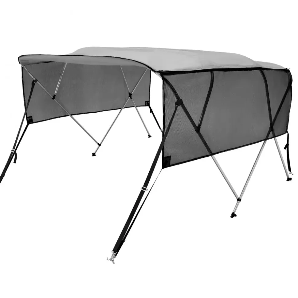 VEVOR 4 Bow Bimini Top Boat Cover, Detachable Mesh Sidewalls, 600D Polyester Canopy with 1" Aluminum Alloy Frame, Includes Storage Boot, 2 Straps, 2 Support Poles, 8'L x 54"H x 85"-90"W, Light Grey
