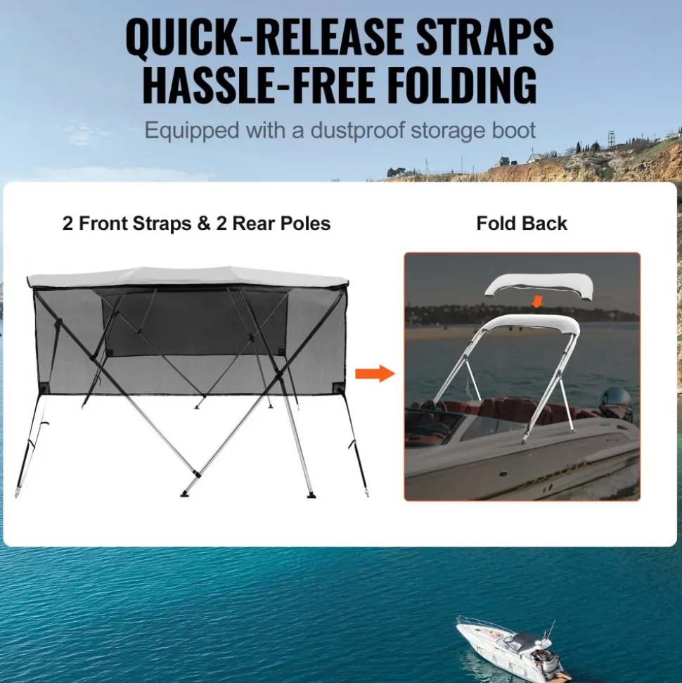 VEVOR 4 Bow Bimini Top Boat Cover, Detachable Mesh Sidewalls, 600D Polyester Canopy with 1" Aluminum Alloy Frame, Includes Storage Boot, 2 Straps, 2 Support Poles, 8'L x 54"H x 85"-90"W, Light Grey