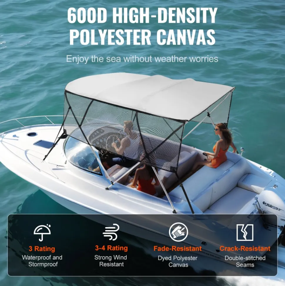 VEVOR 4 Bow Bimini Top Boat Cover, Detachable Mesh Sidewalls, 600D Polyester Canopy with 1" Aluminum Alloy Frame, Includes Storage Boot, 2 Straps, 2 Support Poles, 8'L x 54"H x 85"-90"W, Light Grey