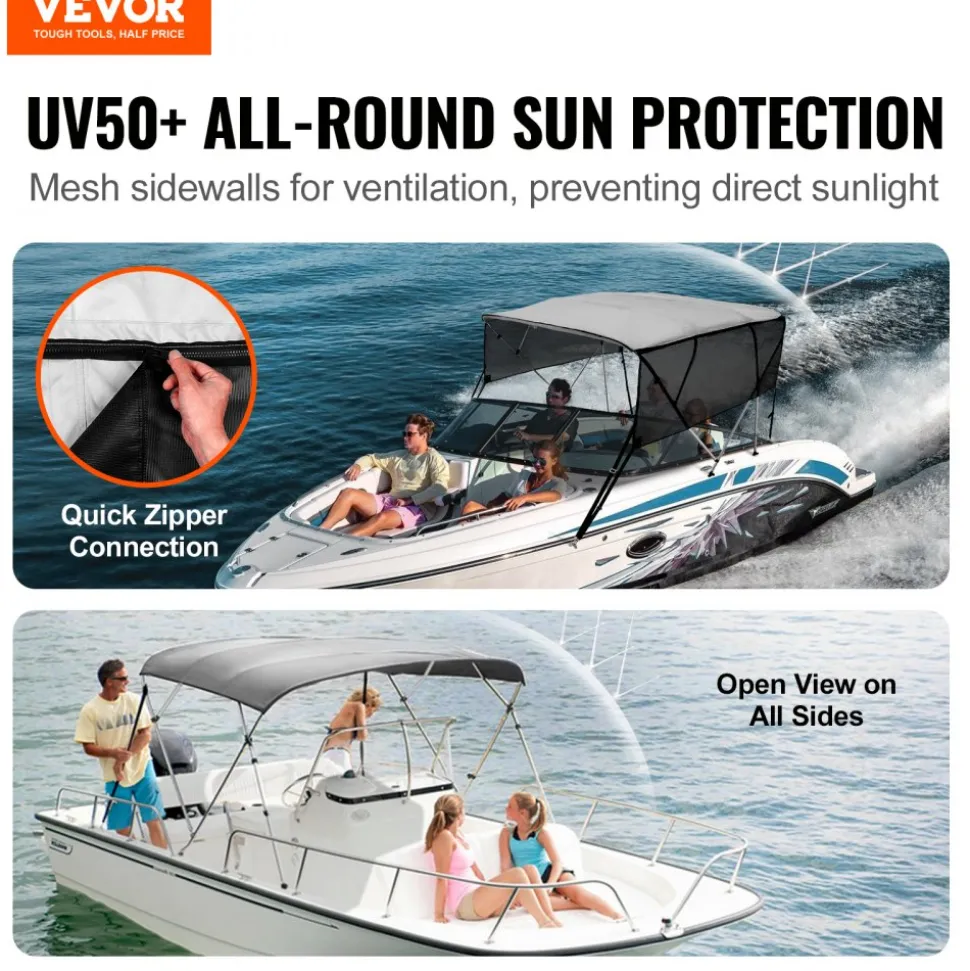 VEVOR 4 Bow Bimini Top Boat Cover, Detachable Mesh Sidewalls, 600D Polyester Canopy with 1" Aluminum Alloy Frame, Includes Storage Boot, 2 Straps, 2 Support Poles, 8'L x 54"H x 91"-96"W, Light Grey