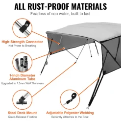 VEVOR 4 Bow Bimini Top Boat Cover, Detachable Mesh Sidewalls, 600D Polyester Canopy with 1" Aluminum Alloy Frame, Includes Storage Boot, 2 Straps, 2 Support Poles, 8'L x 54"H x 79"-84"W, Light Grey