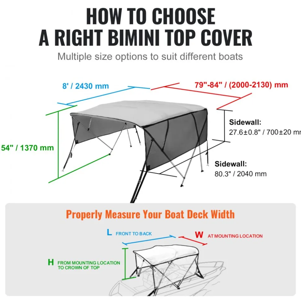 VEVOR 4 Bow Bimini Top Boat Cover, Detachable Mesh Sidewalls, 600D Polyester Canopy with 1" Aluminum Alloy Frame, Includes Storage Boot, 2 Straps, 2 Support Poles, 8'L x 54"H x 79"-84"W, Light Grey