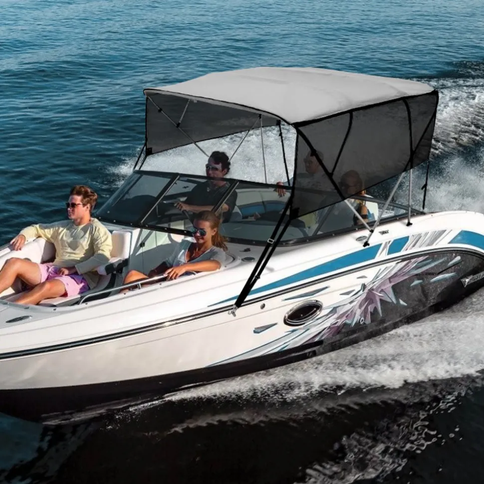 VEVOR 4 Bow Bimini Top Boat Cover, Detachable Mesh Sidewalls, 600D Polyester Canopy with 1" Aluminum Alloy Frame, Includes Storage Boot, 2 Straps, 2 Support Poles, 8'L x 54"H x 79"-84"W, Light Grey