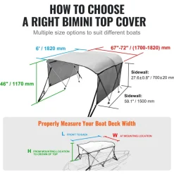 VEVOR 3 Bow Bimini Top Boat Cover, Detachable Mesh Sidewalls, 600D Polyester Canopy with 1" Aluminum Alloy Frame, Includes Storage Boot, 2 Support Poles, 2 Straps, 6'L x 46"H x 67"-72"W, Light Grey
