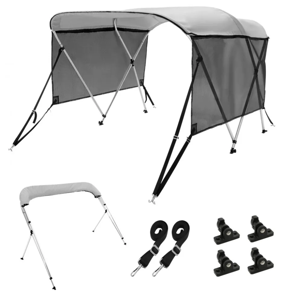 VEVOR 3 Bow Bimini Top Boat Cover, Detachable Mesh Sidewalls, 600D Polyester Canopy with 1" Aluminum Alloy Frame, Includes Storage Boot, 2 Support Poles, 2 Straps, 6'L x 46"H x 67"-72"W, Light Grey