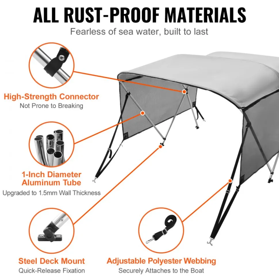 VEVOR 3 Bow Bimini Top Boat Cover, Detachable Mesh Sidewalls, 600D Polyester Canopy with 1" Aluminum Alloy Frame, Includes Storage Boot, 2 Support Poles, 2 Straps, 6'L x 46"H x 67"-72"W, Light Grey