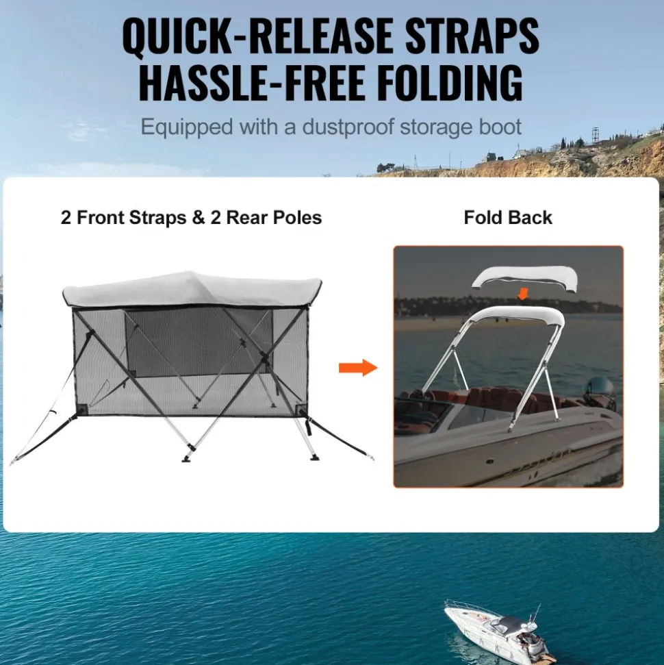 VEVOR 3 Bow Bimini Top Boat Cover, Detachable Mesh Sidewalls, 600D Polyester Canopy with 1" Aluminum Alloy Frame, Includes Storage Boot, 2 Support Poles, 2 Straps, 6'L x 46"H x 61"-66"W, Light Grey