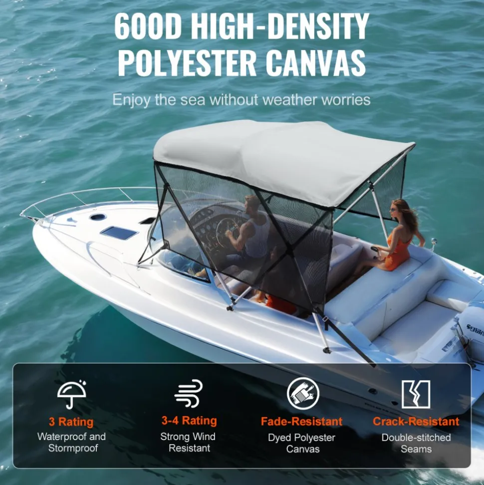 VEVOR 3 Bow Bimini Top Boat Cover, Detachable Mesh Sidewalls, 600D Polyester Canopy with 1" Aluminum Alloy Frame, Includes Storage Boot, 2 Support Poles, 2 Straps, 6'L x 46"H x 61"-66"W, Light Grey