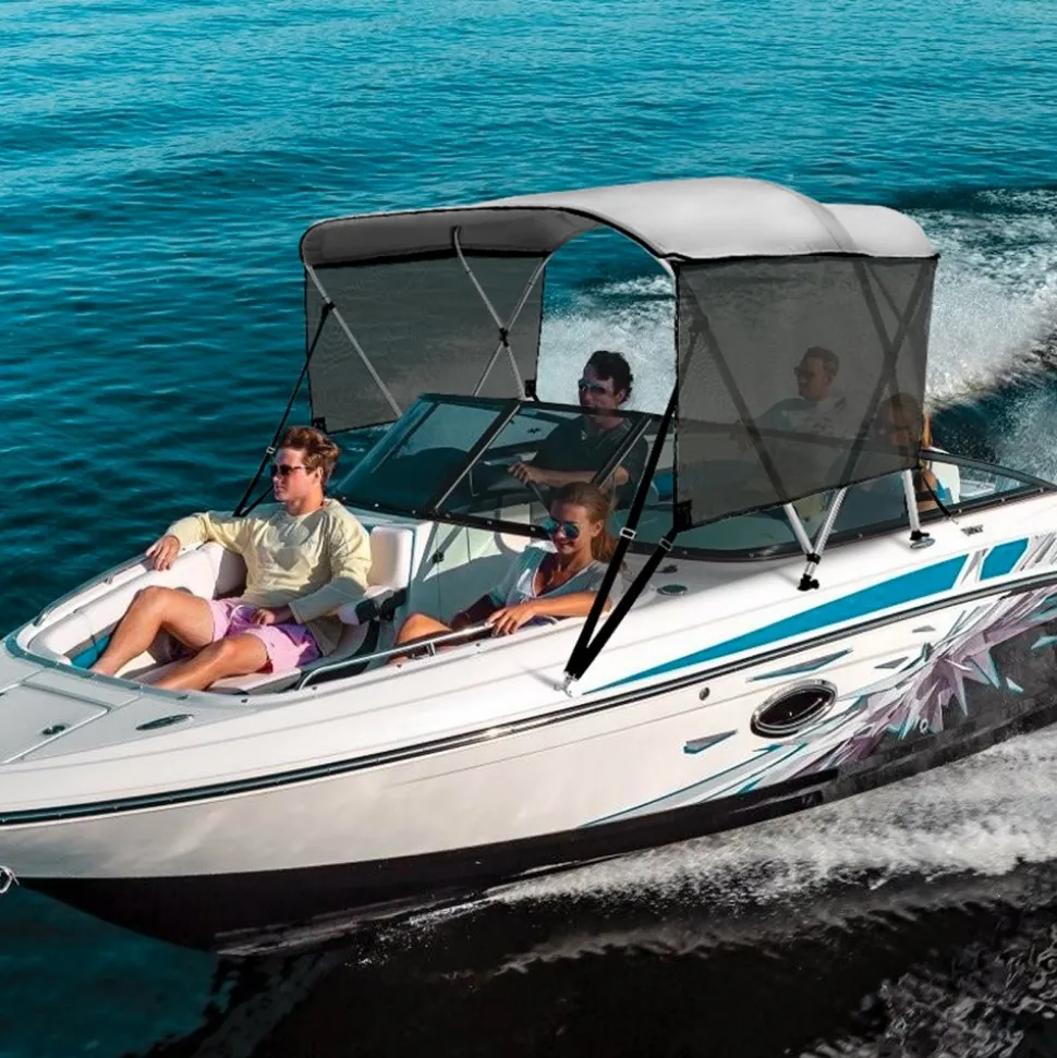 VEVOR 3 Bow Bimini Top Boat Cover, Detachable Mesh Sidewalls, 600D Polyester Canopy with 1" Aluminum Alloy Frame, Includes Storage Boot, 2 Support Poles, 2 Straps, 6'L x 46"H x 61"-66"W, Light Grey