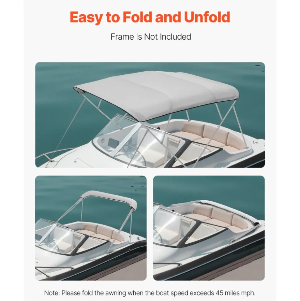 VEVOR 4 Bow Bimini Top Replacement Cover, 8 ft Long Durable 600D Marine Grade Waterproof Sun Shade Boat Canopy with Storage Boot, Easy Install Zipper Sleeve Awning, 96"L x (97"-103")W, Gray (No Frame)