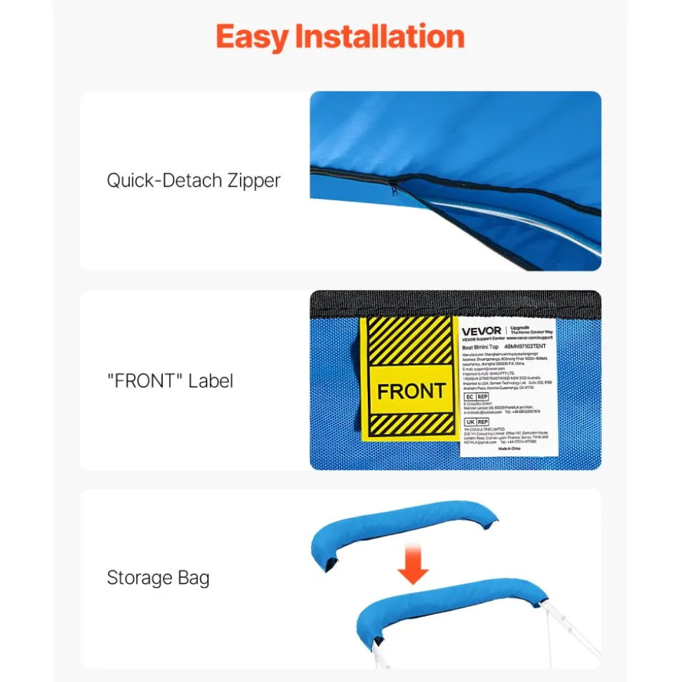 VEVOR 4 Bow Bimini Top Replacement Cover, 8 ft Long, Durable 600D Marine Grade Waterproof Sun Shade Boat Canopy with Storage Boot, Easy Install Zipper Sleeve Awning, 96"L x (91"-96")W, Blue (No Frame)