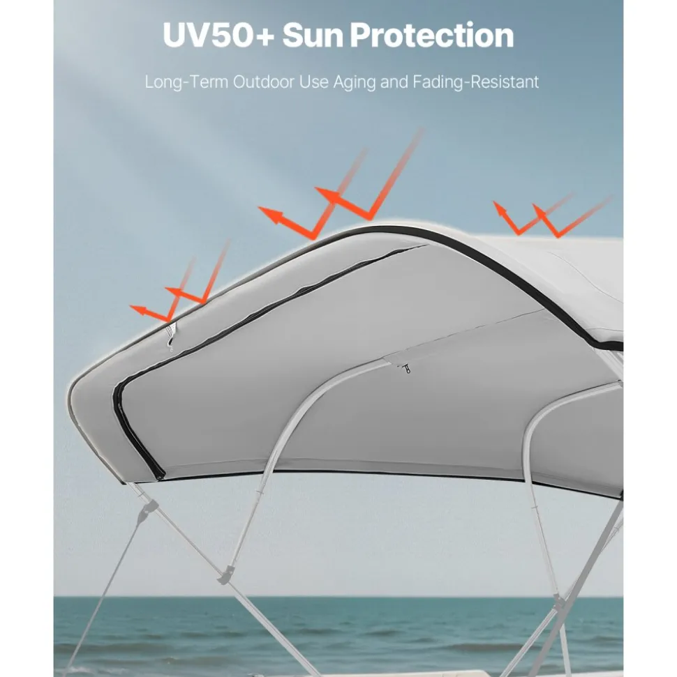 VEVOR 4 Bow Bimini Top Replacement Cover, 8 ft Long, Durable 600D Marine Grade Waterproof Sun Shade Boat Canopy with Storage Boot, Easy Install Zipper Sleeve Awning, 96"L x (91"-96")W, Gray (No Frame)
