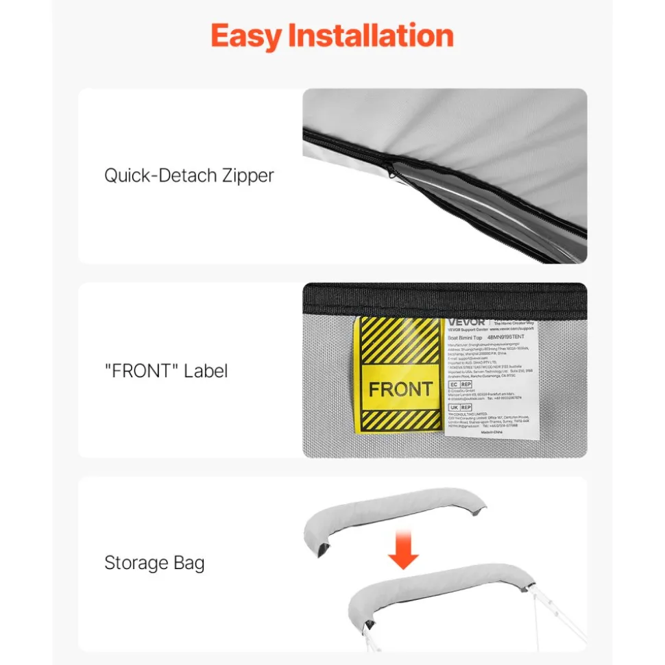 VEVOR 4 Bow Bimini Top Replacement Cover, 8 ft Long, Durable 600D Marine Grade Waterproof Sun Shade Boat Canopy with Storage Boot, Easy Install Zipper Sleeve Awning, 96"L x (91"-96")W, Gray (No Frame)