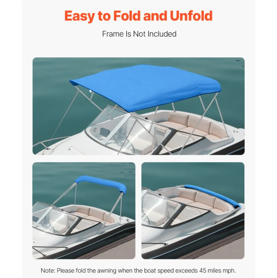 VEVOR 4 Bow Bimini Top Replacement Cover, 8 ft Long Durable 600D Marine Grade Waterproof Sun Shade Boat Canopy with Storage Boot, Easy Install Zipper Sleeve Awning, 96"L x (97"-103")W, Blue (No Frame)