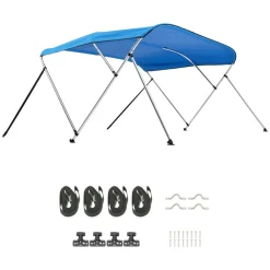 VEVOR 3 Bow Boat Bimini Top, 600D Polyester Canopy with Aluminum Alloy Frame, Waterproof & Sun Shade Boat Awning Canopy with Storage Bag, 2 Support Poles, 4 Straps, 72"Lx(73"-78")Wx46"H, Pacific Blue