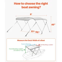 VEVOR 3 Bow Boat Bimini Tops, 600D Polyester Canopy with Aluminum Alloy Frame, Waterproof & Sun Shade Boat Awning Canopy with Storage Bag, 2 Support Poles, 4 Straps, 6'Lx(61"-66")Wx46"H, Light Grey