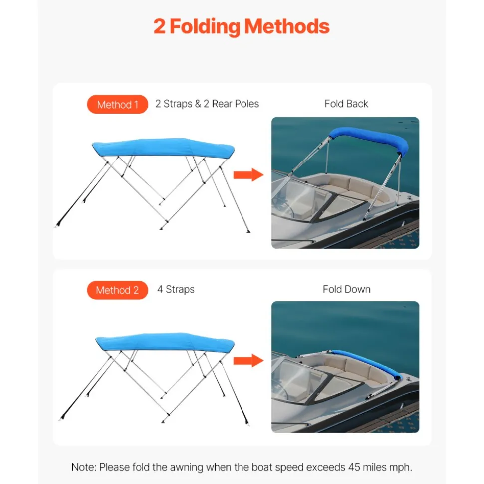 VEVOR 4 Bow Boat Bimini Tops, 600D Polyester Canopy with Aluminum Alloy Frame, Waterproof & Sun Shade Boat Awning Canopy with Storage Bag, 2 Support Poles, 4 Straps, 8'Lx(91"-96")Wx54"H, Pacific Blue