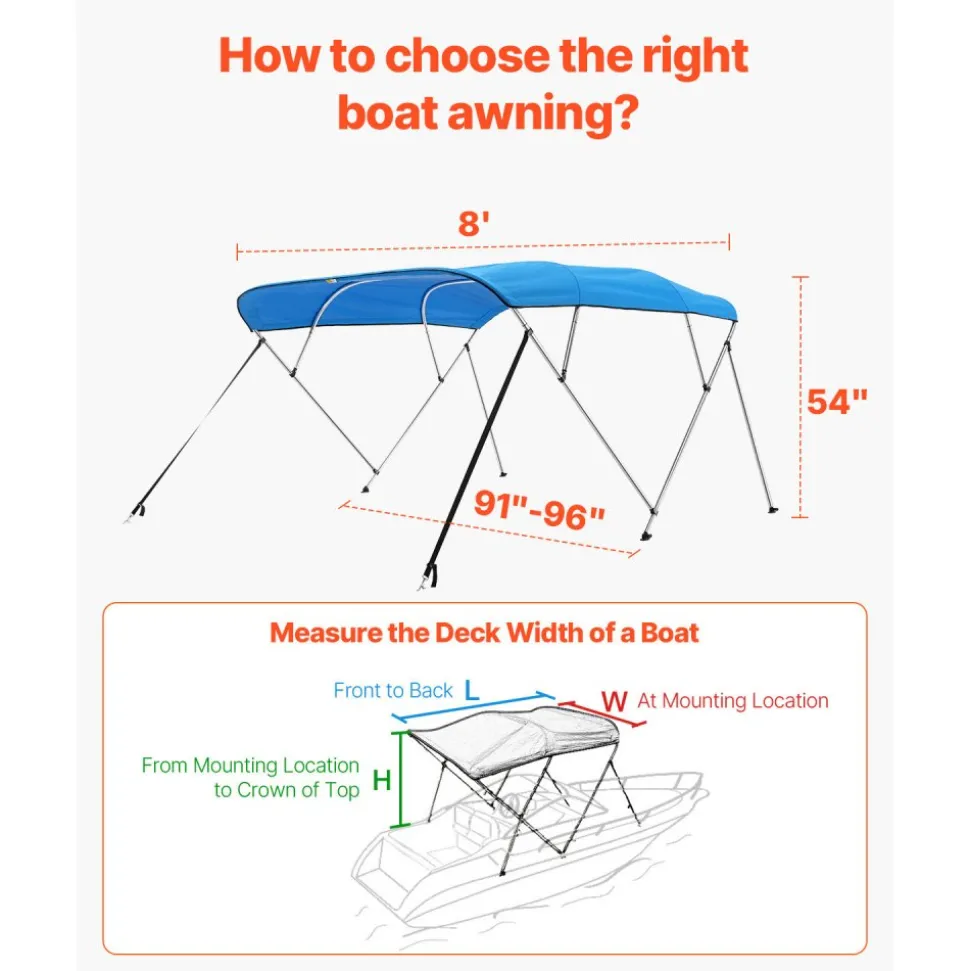 VEVOR 4 Bow Boat Bimini Tops, 600D Polyester Canopy with Aluminum Alloy Frame, Waterproof & Sun Shade Boat Awning Canopy with Storage Bag, 2 Support Poles, 4 Straps, 8'Lx(91"-96")Wx54"H, Pacific Blue