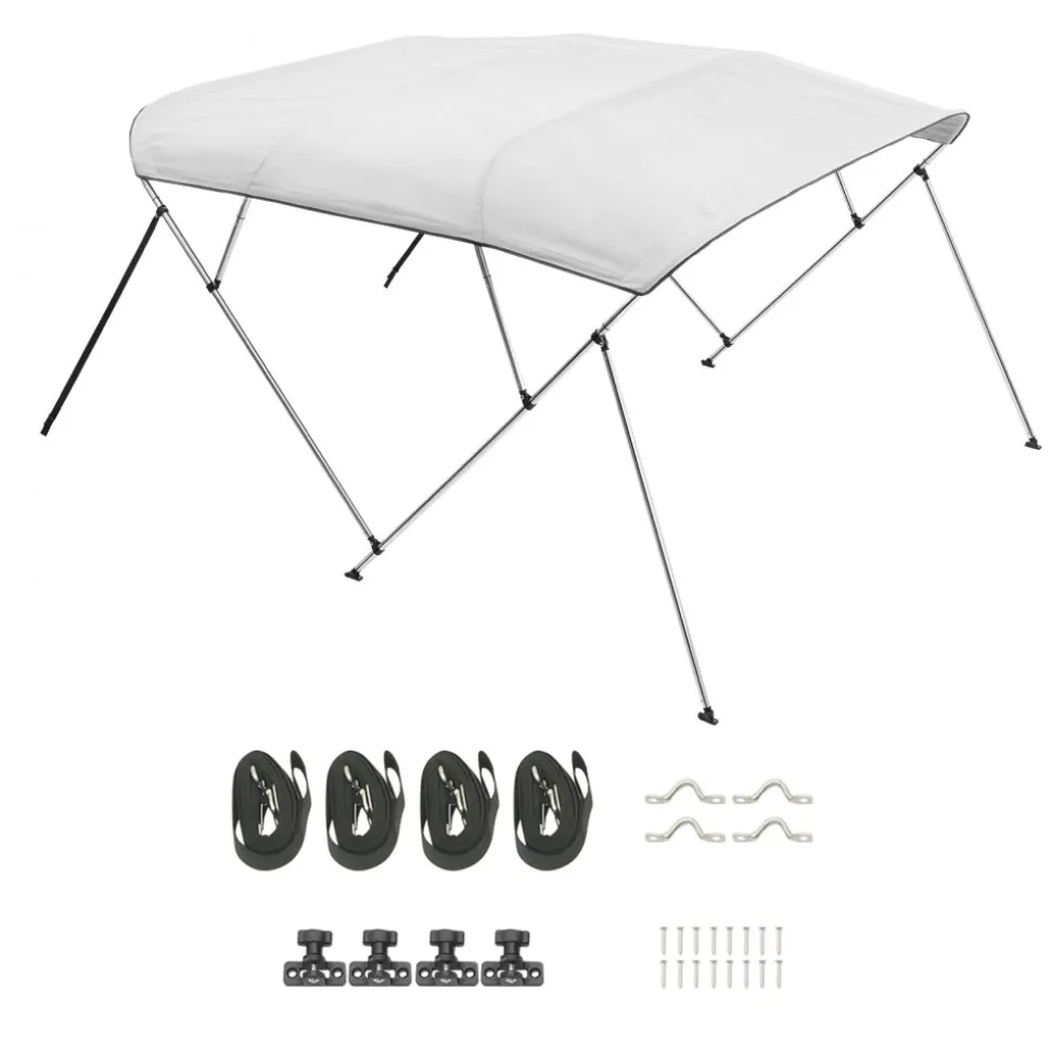 VEVOR 4 Bow Boat Bimini Tops, 600D Polyester Canopy with Aluminum Alloy Frame, Waterproof & Sun Shade Boat Awning Canopy with Storage Bag, 2 Support Poles, 4 Straps, 96"Lx(79"-84")Wx54"H, Light Grey