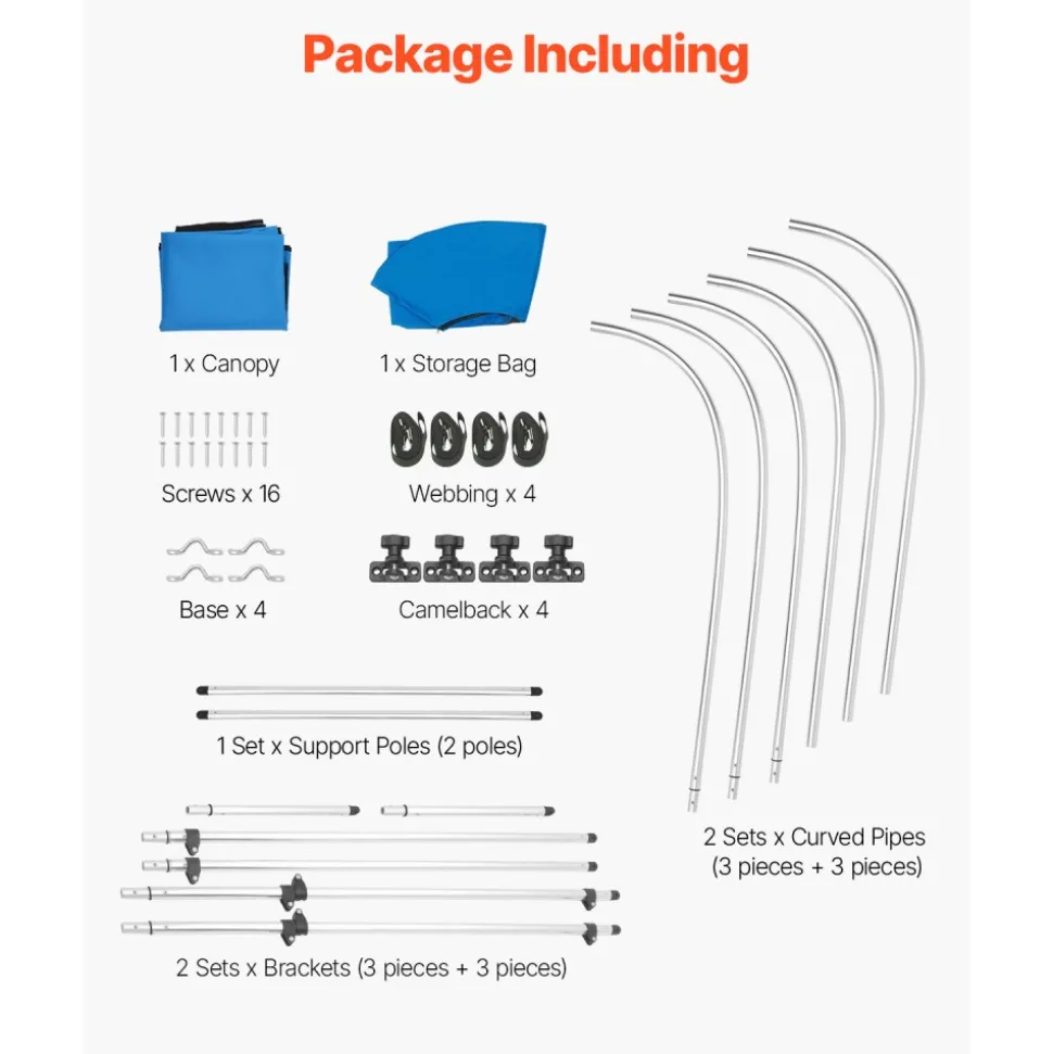 VEVOR 3 Bow Boat Bimini Tops, 600D Polyester Canopy with Aluminum Alloy Frame, Waterproof & Sun Shade Boat Awning Canopy with Storage Bag, 2 Support Poles, 4 Straps, 72"Lx(79"-84")Wx46"H, Pacific Blue
