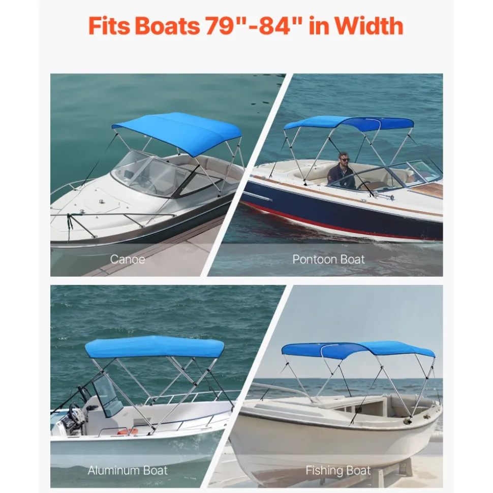 VEVOR 3 Bow Boat Bimini Tops, 600D Polyester Canopy with Aluminum Alloy Frame, Waterproof & Sun Shade Boat Awning Canopy with Storage Bag, 2 Support Poles, 4 Straps, 72"Lx(79"-84")Wx46"H, Pacific Blue