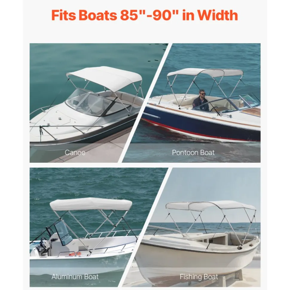 VEVOR 3 Bow Boat Bimini Tops, 600D Polyester Canopy with Aluminum Alloy Frame, Waterproof & Sun Shade Boat Awning Canopy with Storage Bag, 2 Support Poles, 4 Straps, 72"Lx(85"-90")Wx46"H, Light Grey