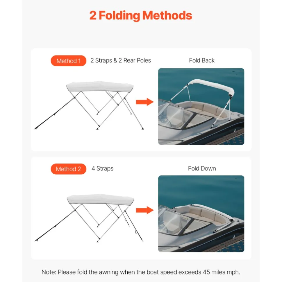 VEVOR 3 Bow Boat Bimini Tops, 600D Polyester Canopy with Aluminum Alloy Frame, Waterproof & Sun Shade Boat Awning Canopy with Storage Bag, 2 Support Poles, 4 Straps, 72"Lx(85"-90")Wx46"H, Light Grey