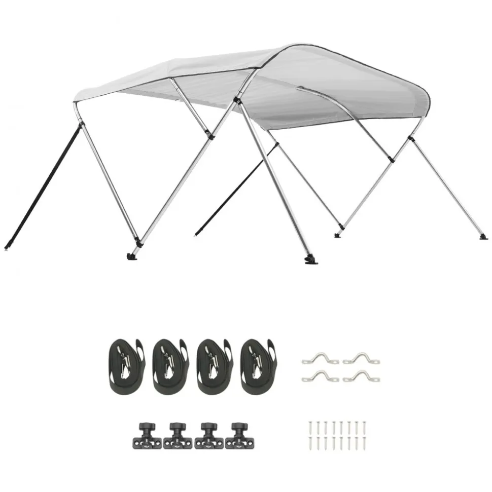 VEVOR 3 Bow Boat Bimini Tops, 600D Polyester Canopy with Aluminum Alloy Frame, Waterproof & Sun Shade Boat Awning Canopy with Storage Bag, 2 Support Poles, 4 Straps, 72"Lx(79"-84")Wx46"H, Light Grey