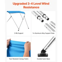 VEVOR 3 Bow Boat Bimini Tops, 600D Polyester Canopy with Aluminum Alloy Frame, Waterproof & Sun Shade Boat Awning Canopy with Storage Bag, 2 Support Poles, 4 Straps, 6'Lx(54