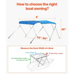 VEVOR 3 Bow Boat Bimini Tops, 600D Polyester Canopy with Aluminum Alloy Frame, Waterproof & Sun Shade Boat Awning Canopy with Storage Bag, 2 Support Poles, 4 Straps, 6'Lx(54