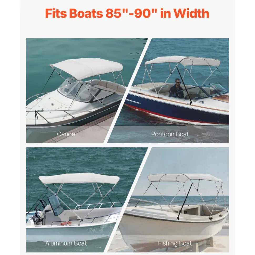 VEVOR 4 Bow Boat Bimini Tops, 600D Polyester Canopy with Aluminum Alloy Frame, Waterproof & Sun Shade Boat Awning Canopy with Storage Bag, 2 Support Poles, 4 Straps, 96"Lx(85"-90")Wx54"H, Light Grey