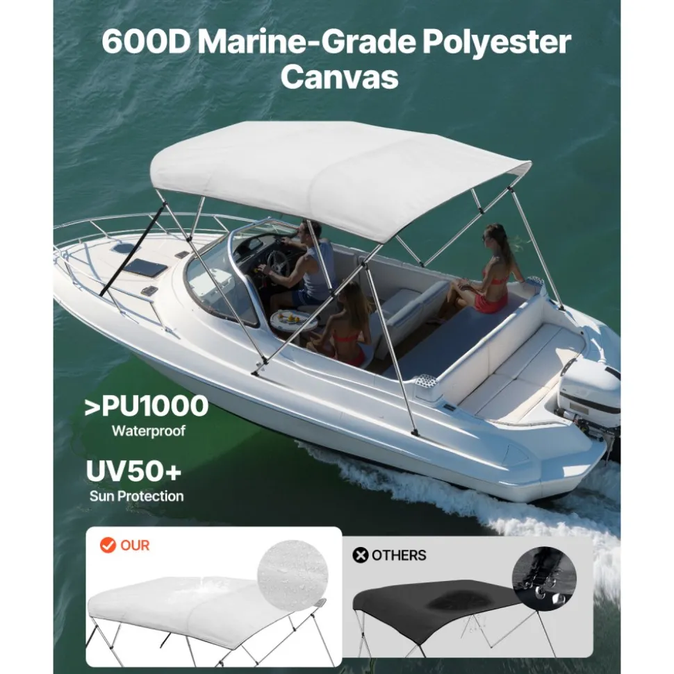 VEVOR 4 Bow Boat Bimini Tops, 600D Polyester Canopy with Aluminum Alloy Frame, Waterproof & Sun Shade Boat Awning Canopy with Storage Bag, 2 Support Poles, 4 Straps, 96"Lx(85"-90")Wx54"H, Light Grey