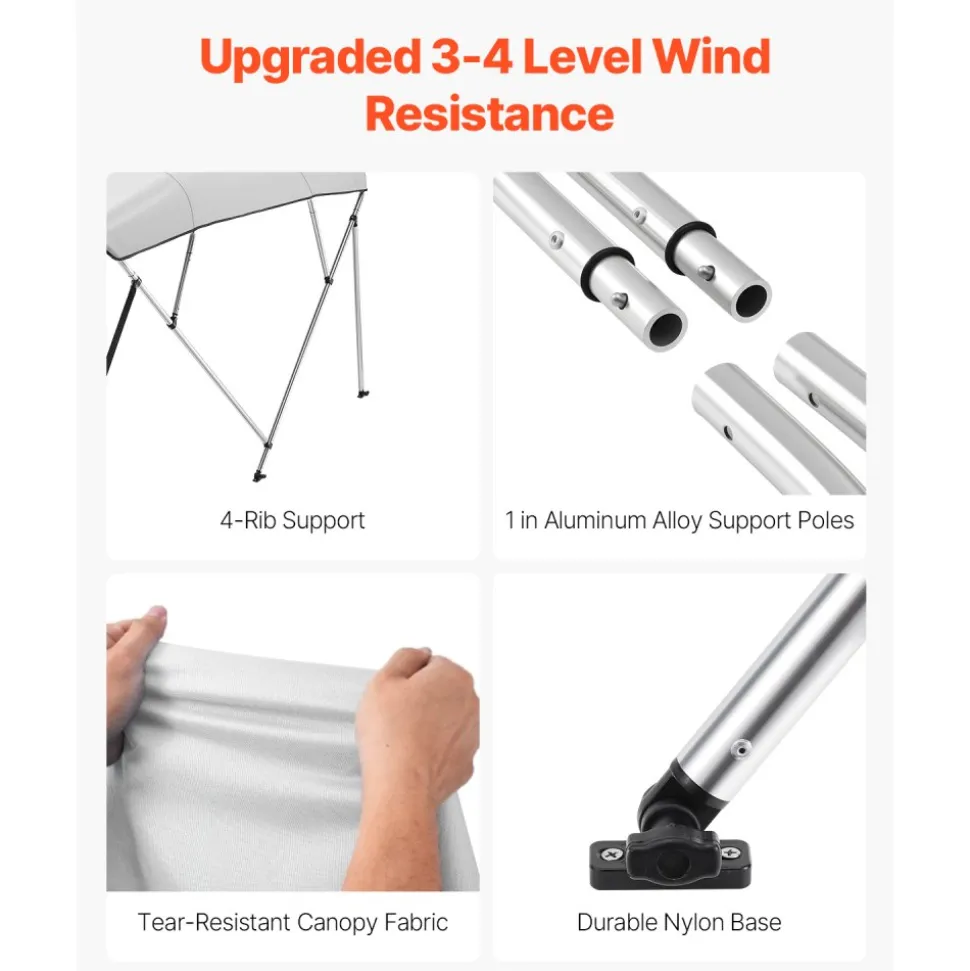 VEVOR 4 Bow Boat Bimini Tops, 600D Polyester Canopy with Aluminum Alloy Frame, Waterproof & Sun Shade Boat Awning Canopy with Storage Bag, 2 Support Poles, 4 Straps, 96"Lx(85"-90")Wx54"H, Light Grey