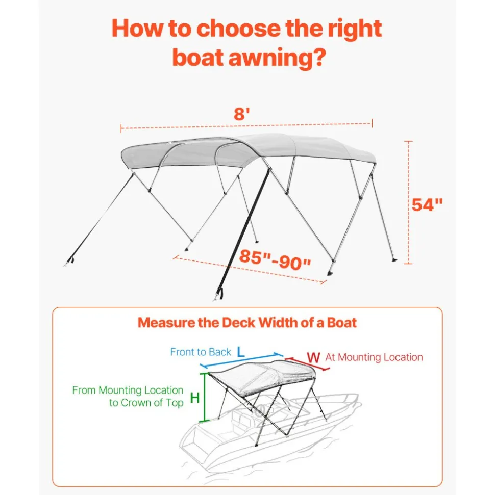 VEVOR 4 Bow Boat Bimini Tops, 600D Polyester Canopy with Aluminum Alloy Frame, Waterproof & Sun Shade Boat Awning Canopy with Storage Bag, 2 Support Poles, 4 Straps, 96"Lx(85"-90")Wx54"H, Light Grey