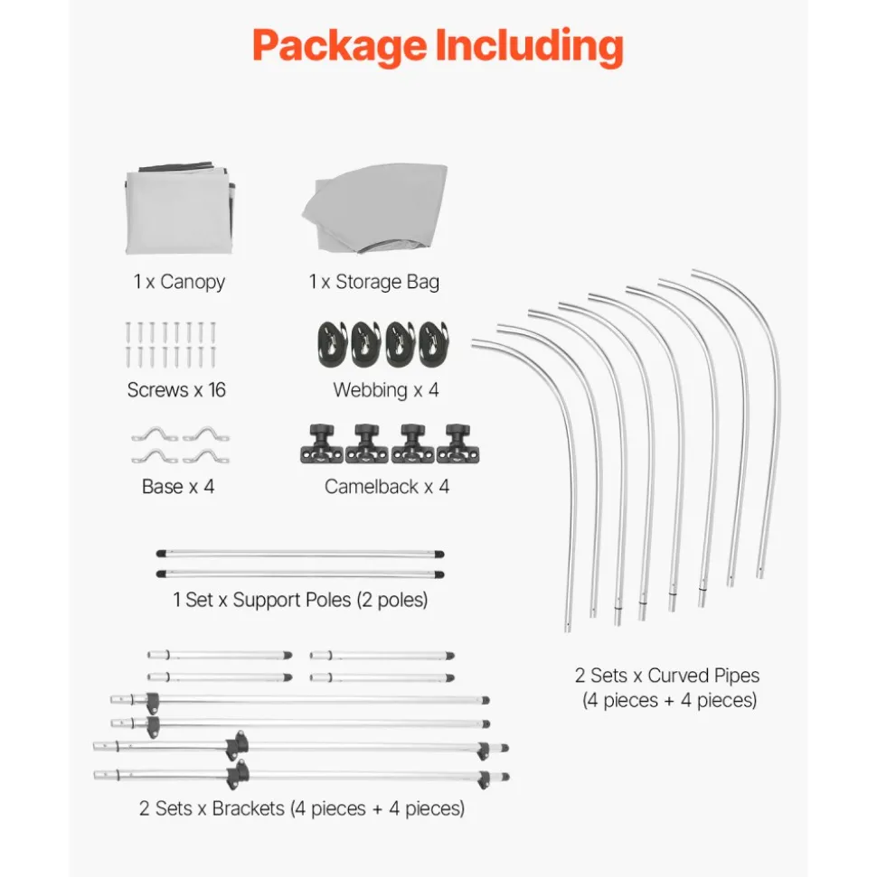 VEVOR 4 Bow Boat Bimini Tops, 600D Polyester Canopy with Aluminum Alloy Frame, Waterproof & Sun Shade Boat Awning Canopy with Storage Bag, 2 Support Poles, 4 Straps, 96"Lx(85"-90")Wx54"H, Light Grey