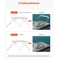 VEVOR 4 Bow Boat Bimini Tops, 600D Polyester Canopy with Aluminum Alloy Frame, Waterproof & Sun Shade Boat Awning Canopy with Storage Bag, 2 Support Poles, 4 Straps, 96