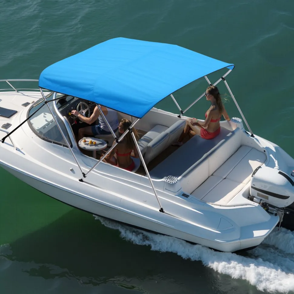 VEVOR 3 Bow Boat Bimini Tops, 600D Polyester Canopy with Aluminum Alloy Frame, Waterproof & Sun Shade Boat Awning Canopy with Storage Bag, 2 Support Poles, 4 Straps, 72"Lx(85"-90")Wx46"H, Pacific Blue